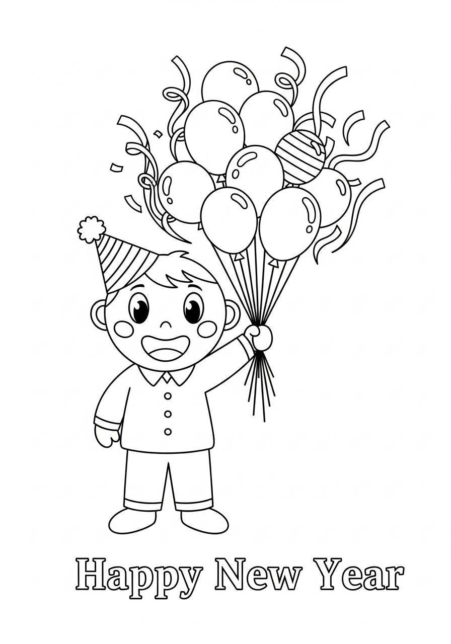 gelukkig nieuwjaar jongen ballonnen kleurplaat