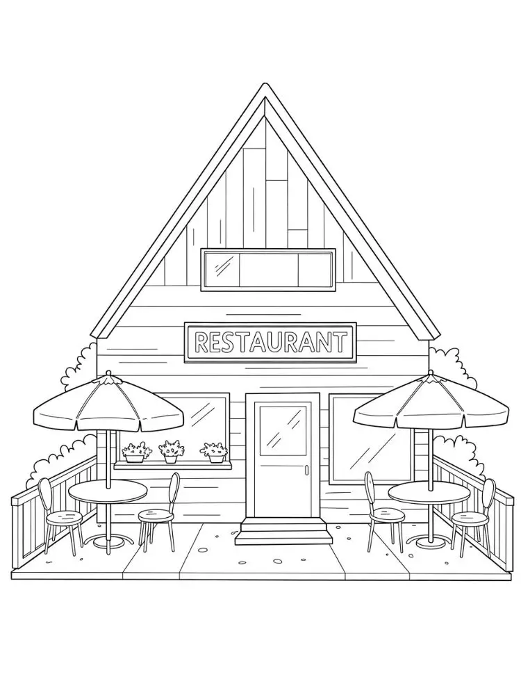 Kleurplaat Restaurant 9 gezellig restaurant met parasols kleurplaat