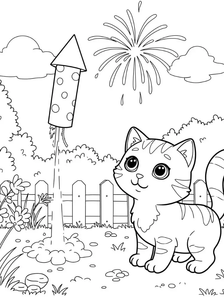 Kleurplaat Vuurpijl 10 kat kijkt naar vuurpijl en vuurwerk kleurplaat