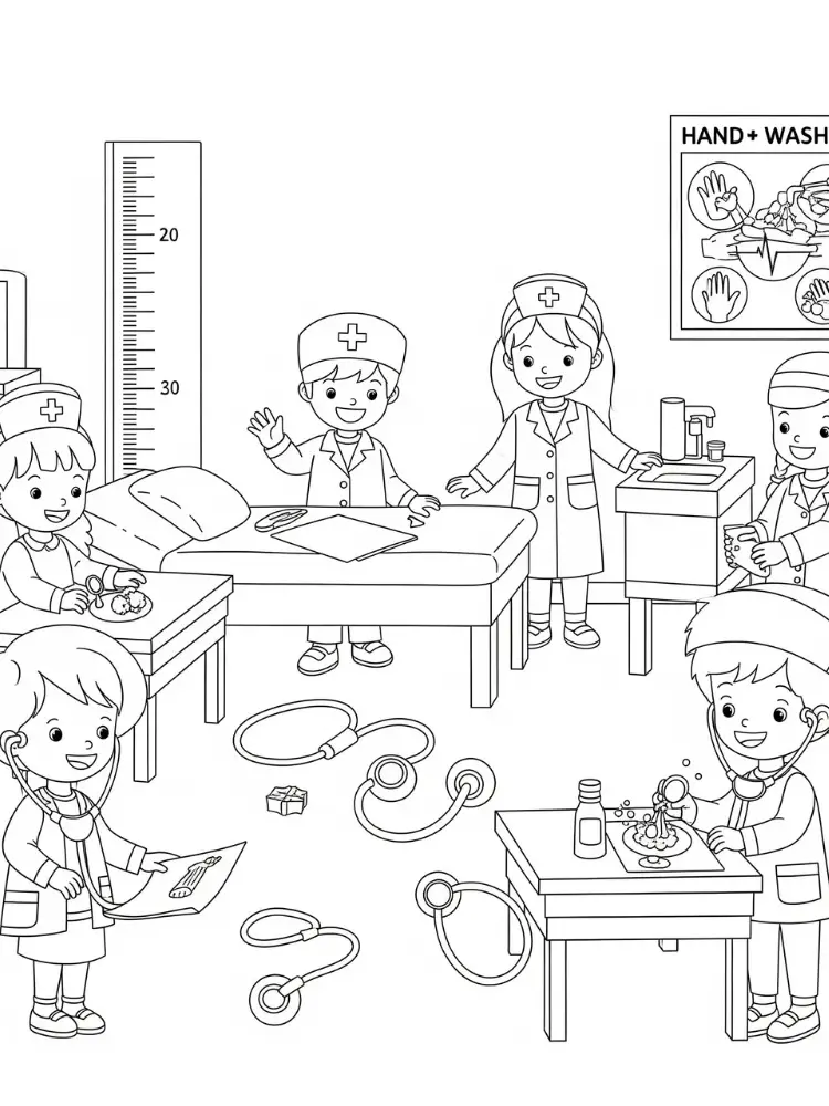 Kleurplaat Dokter 10 kinderdokters aan het werk kleurplaat