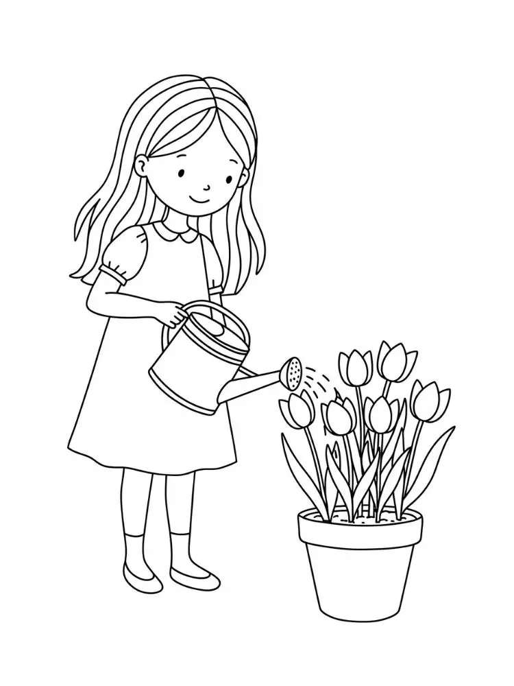 Kleurplaat Lente 10 meisje geeft water aan tulpen in bloempot kleurplaat