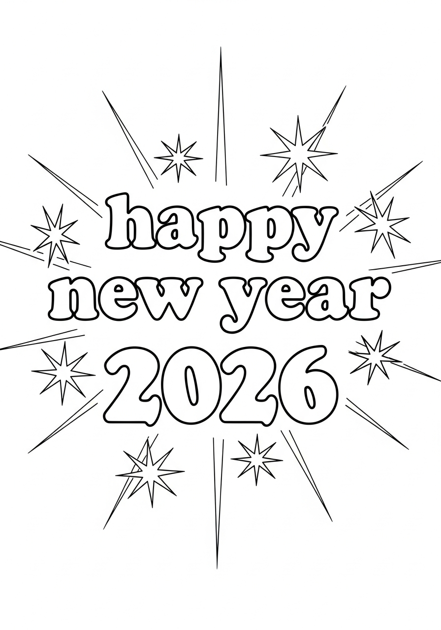nieuwjaar 2026 sterren explosie kleurplaat