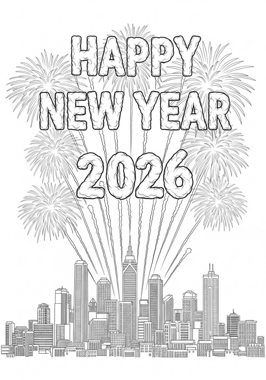 nieuwjaar 2026 vuurwerk stadsskyline kleurplaat