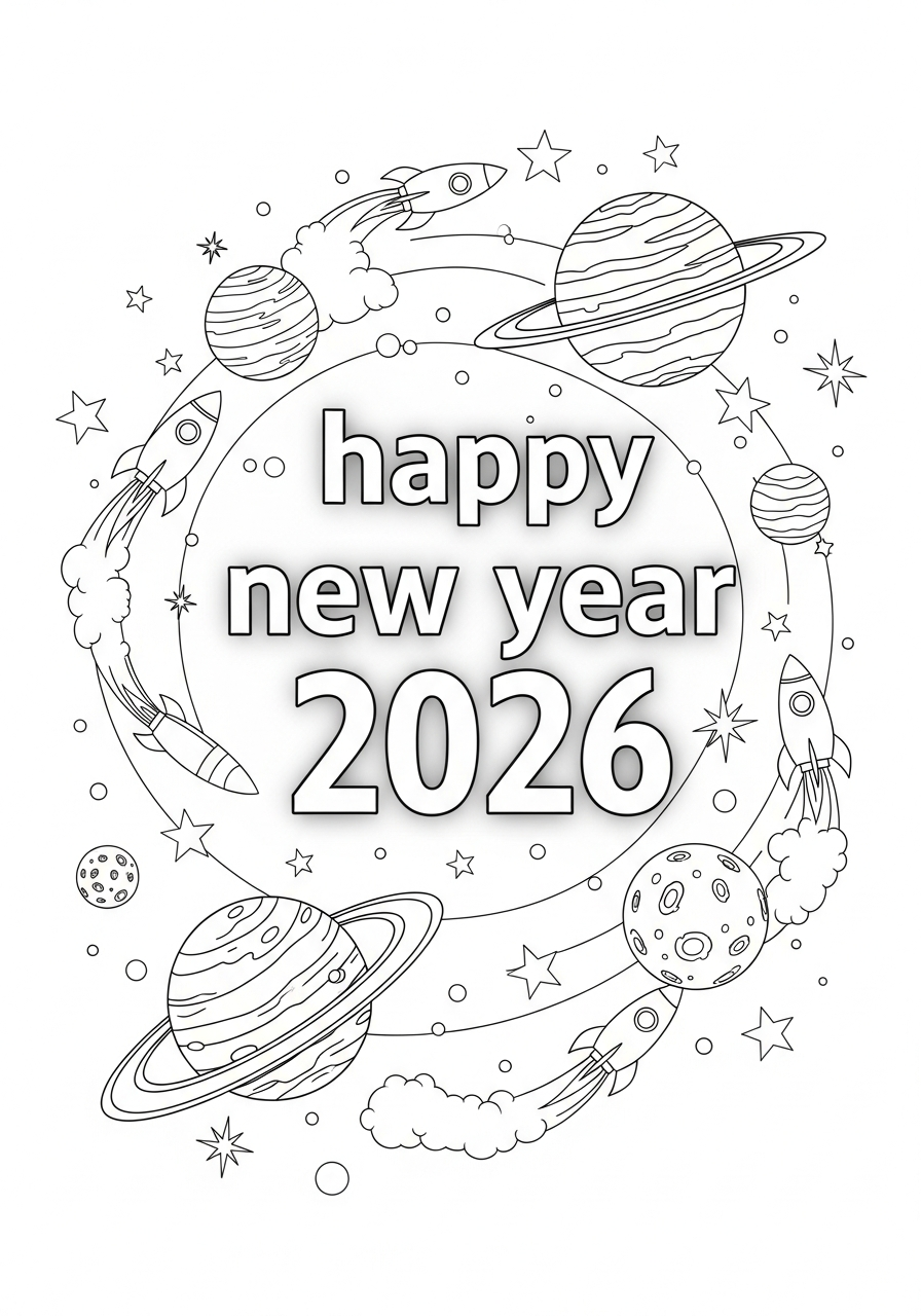 nieuwjaar ruimte planeten raketten kleurplaat