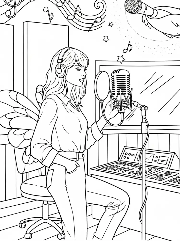 Taylor Swift Kleurplaat 9 taylor in de opnamestudio kleurplaat