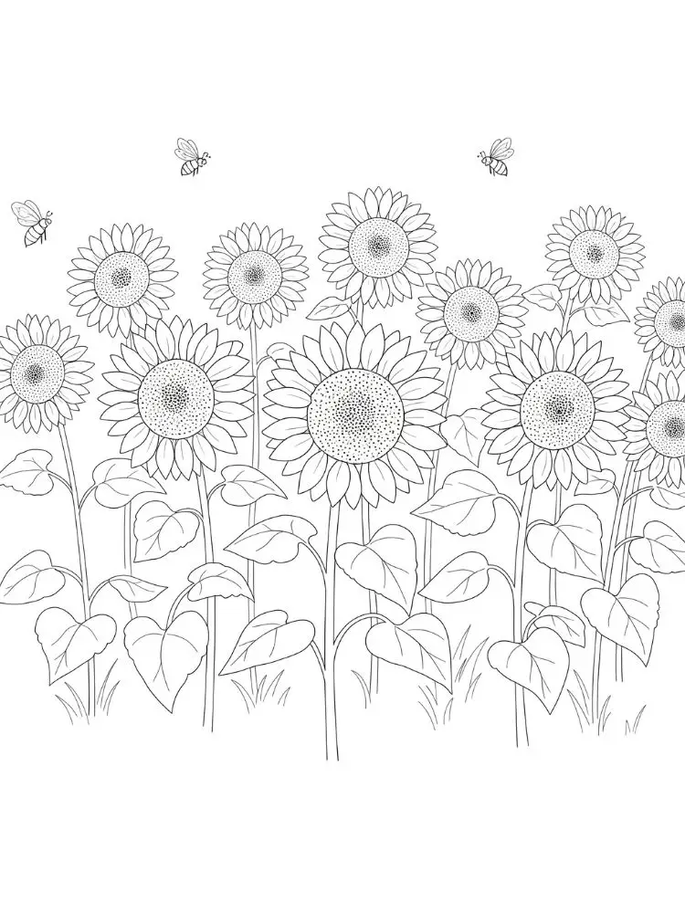 Kleurplaat Lente 8 zonnebloemen dansen in de lentezon kleurplaat