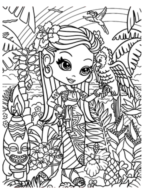 Kleurplaat Lisa Frank 33 Lisa Frank Hawaiian Girl Holding Parrot kleurplaat