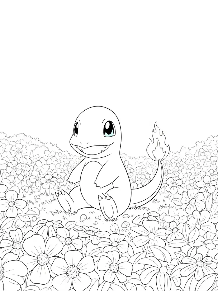 Kleurplaat Pokemon 10 charmander in het bloemenveld kleurplaat