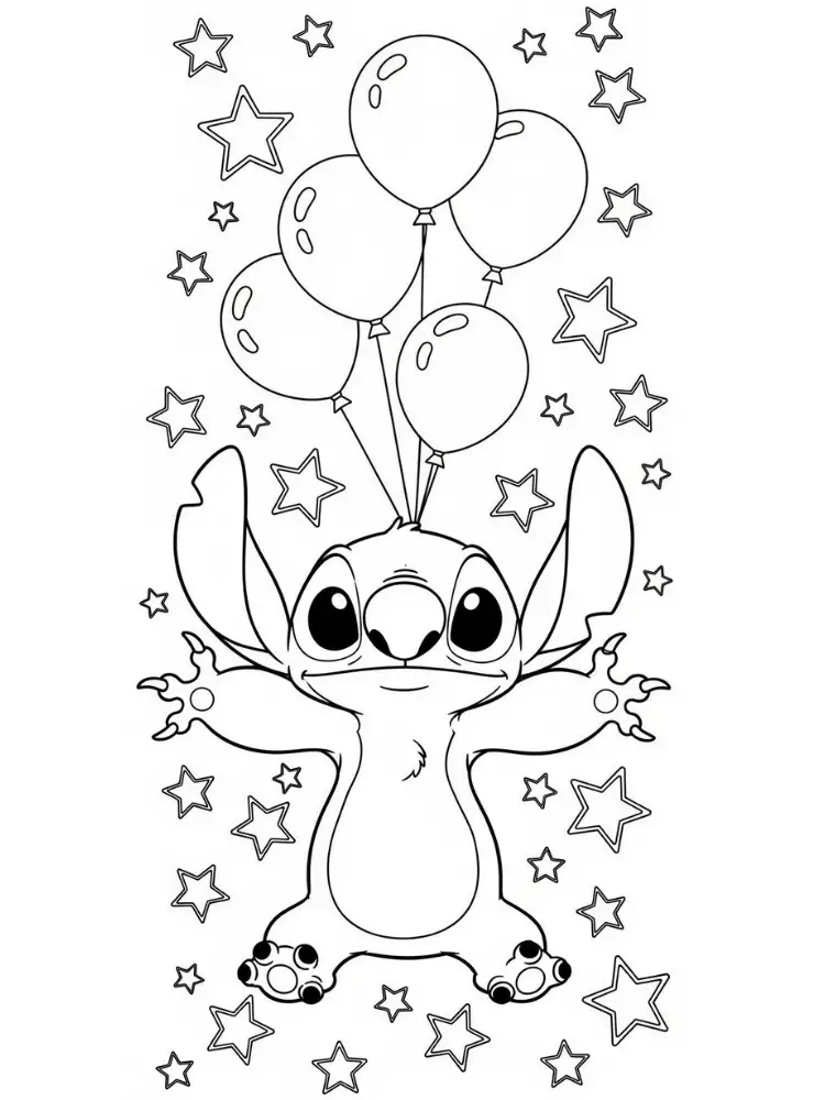 Stitch kleurplaat 9 stitch met ballonnen en sterren kleurplaat