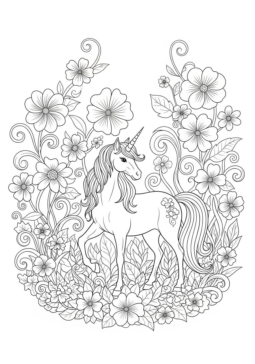 Unicorn tussen bloemen kleurplaat