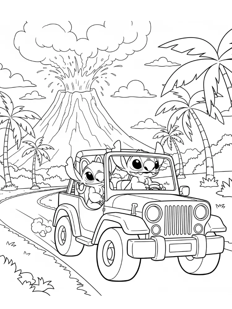 Kleurplaat stitch en angel 10 avontuur met de jeep en vulkaan kleurplaat