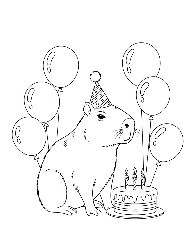 Kleurplaat Capybara 8 feestmuts en ballonnen kleurplaat