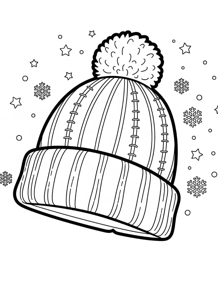 Kleurplaat Wintermuts 9 gebreide wintermuts met sneeuwvlokken kleurplaat