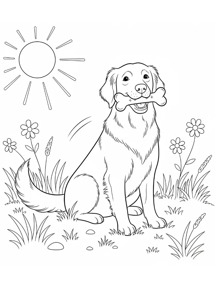Kleurplaat Honden 9 hond met bot in de zon kleurplaat