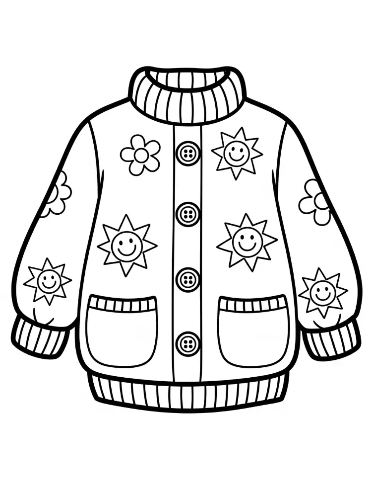 Kleurplaat Sjaal 9 knuffelige vest met zonnetjes en bloemen kleurplaat