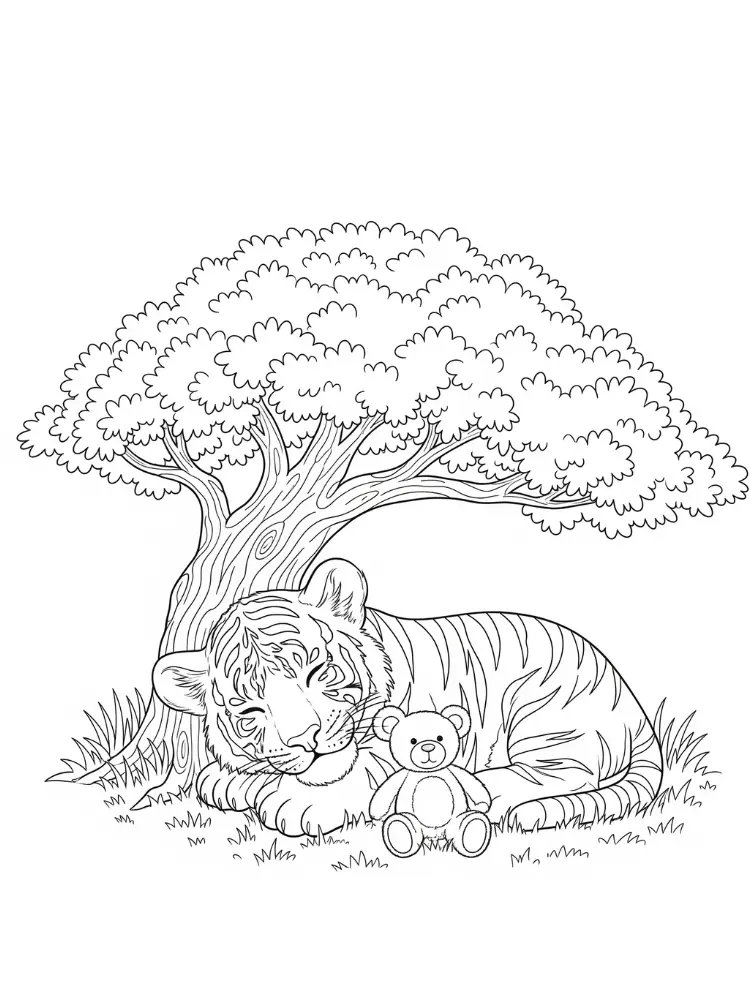 Kleurplaat Tijger 10 knuffeltijger onder de boom kleurplaat