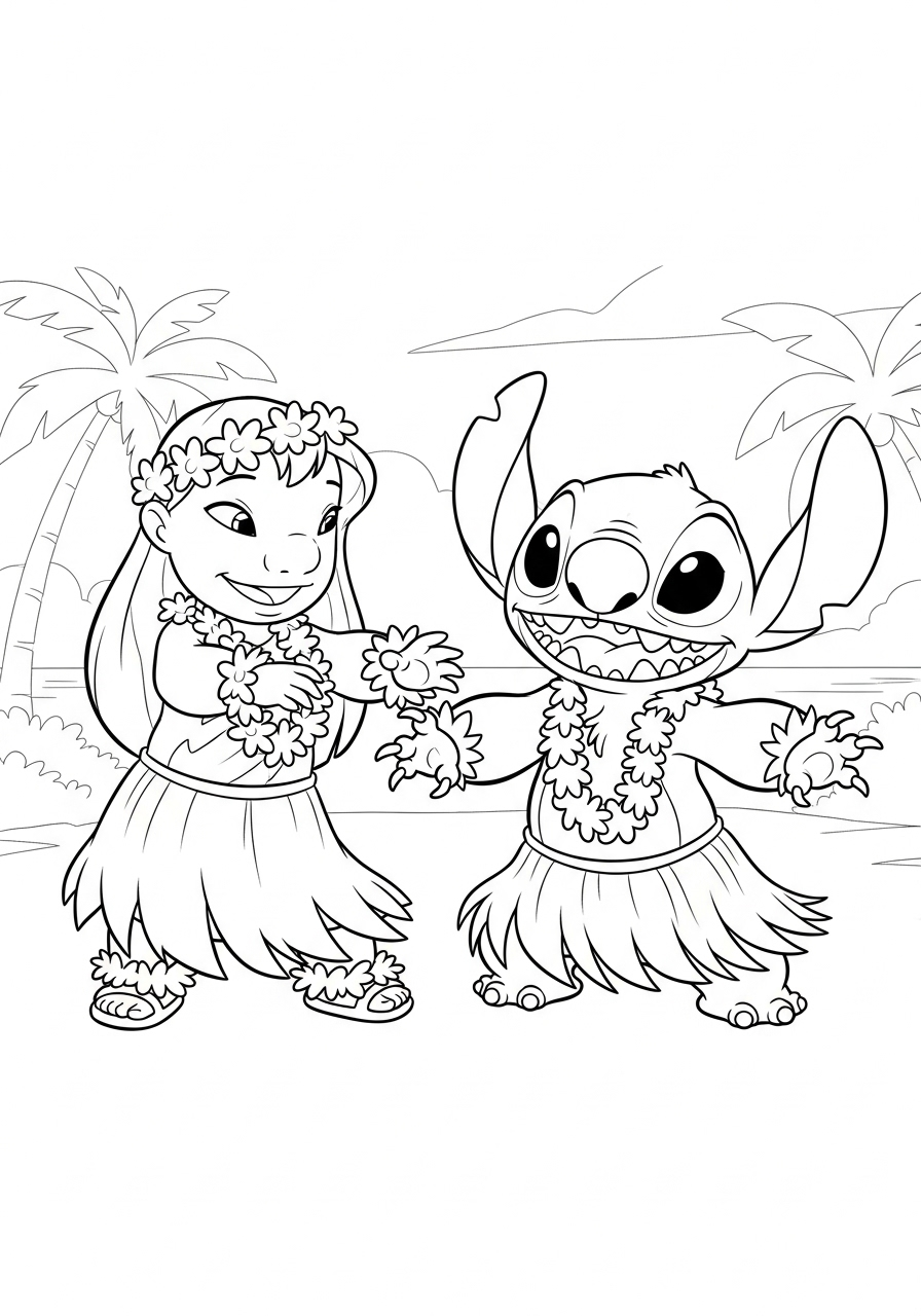 lilo en stitch in hawaiiaanse dans kleurplaat