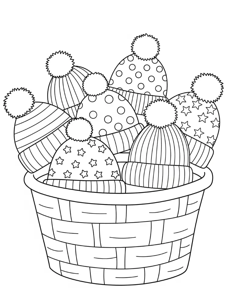 Kleurplaat Wintermuts 8 mand vol wintermutsen kleurplaat