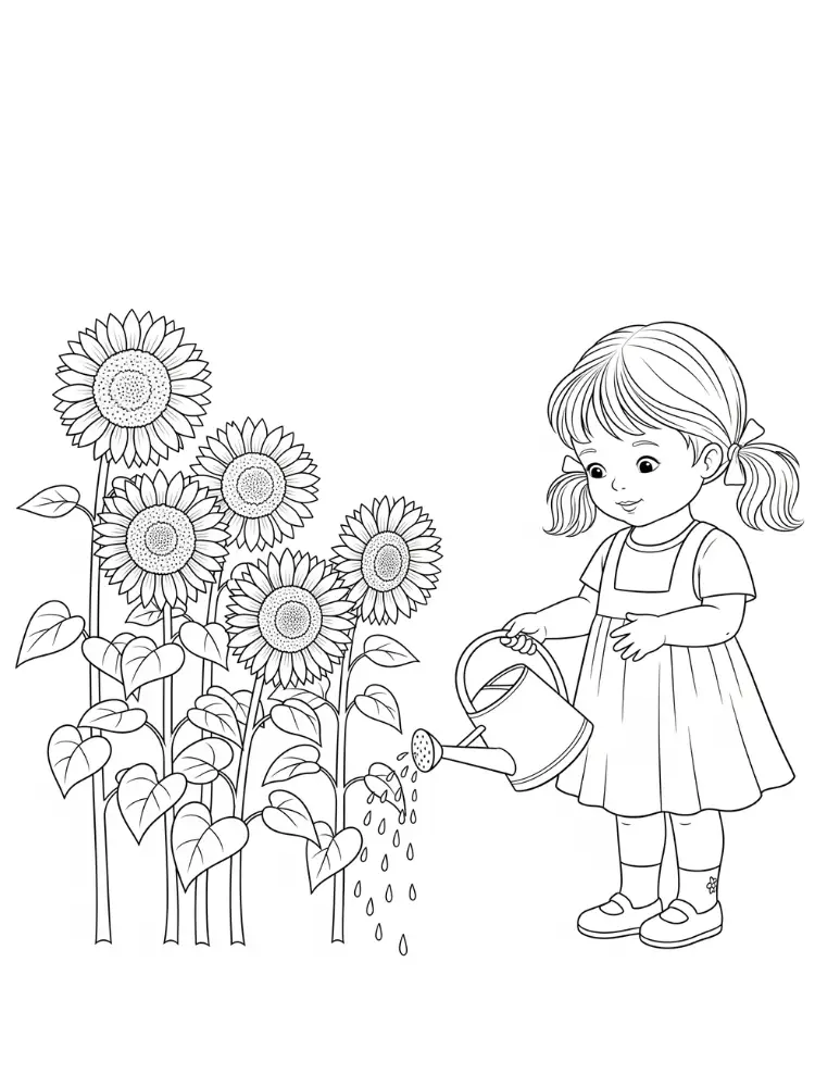 Kleurplaat Zonnebloem 8 meisje geeft zonnebloemen water kleurplaat