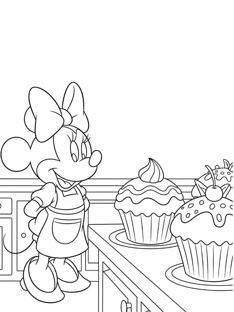Kleurplaat Minnie Mouse 10 minnie mouse bakt cupcakes in de keuken kleurplaat