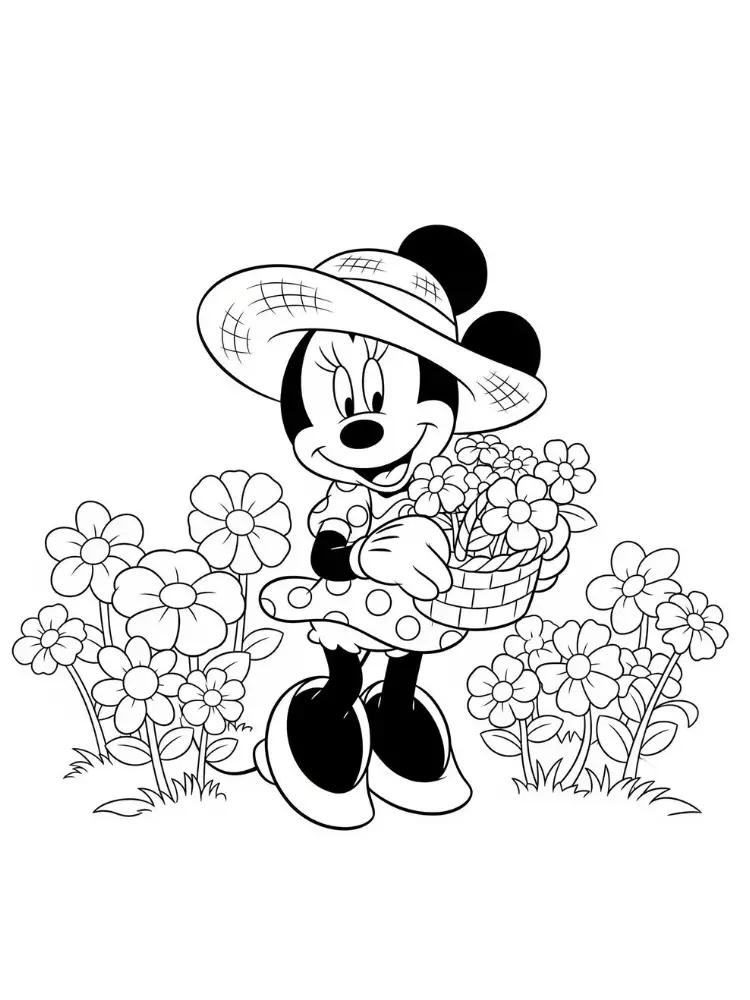 Kleurplaat Minnie Mouse 9 minnie mouse met bloemenmand in de tuin kleurplaat