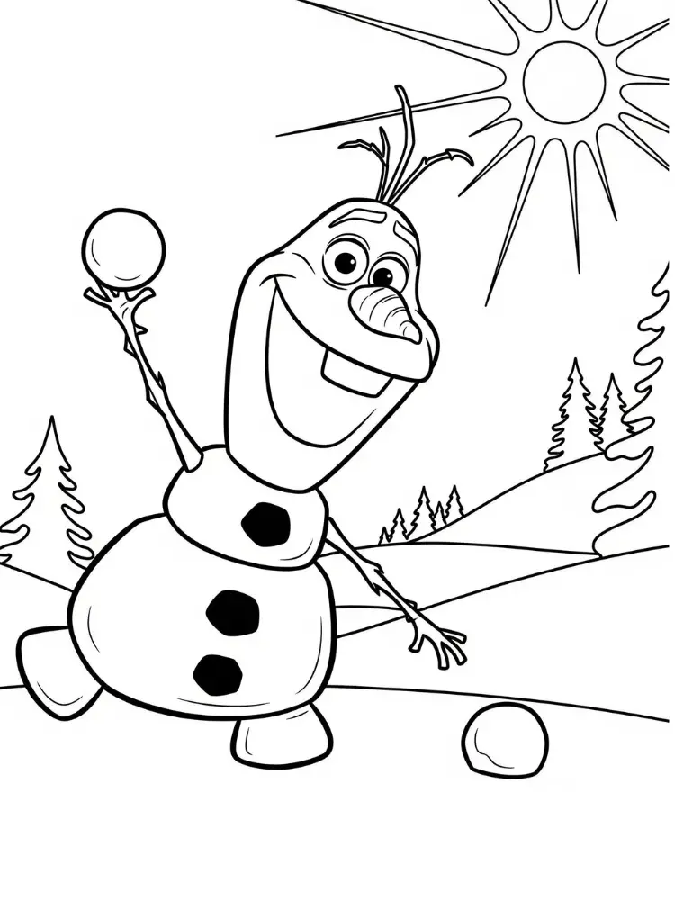 Kleurplaat Frozen 8 olaf speelt met sneeuwballen in de zon kleurplaat