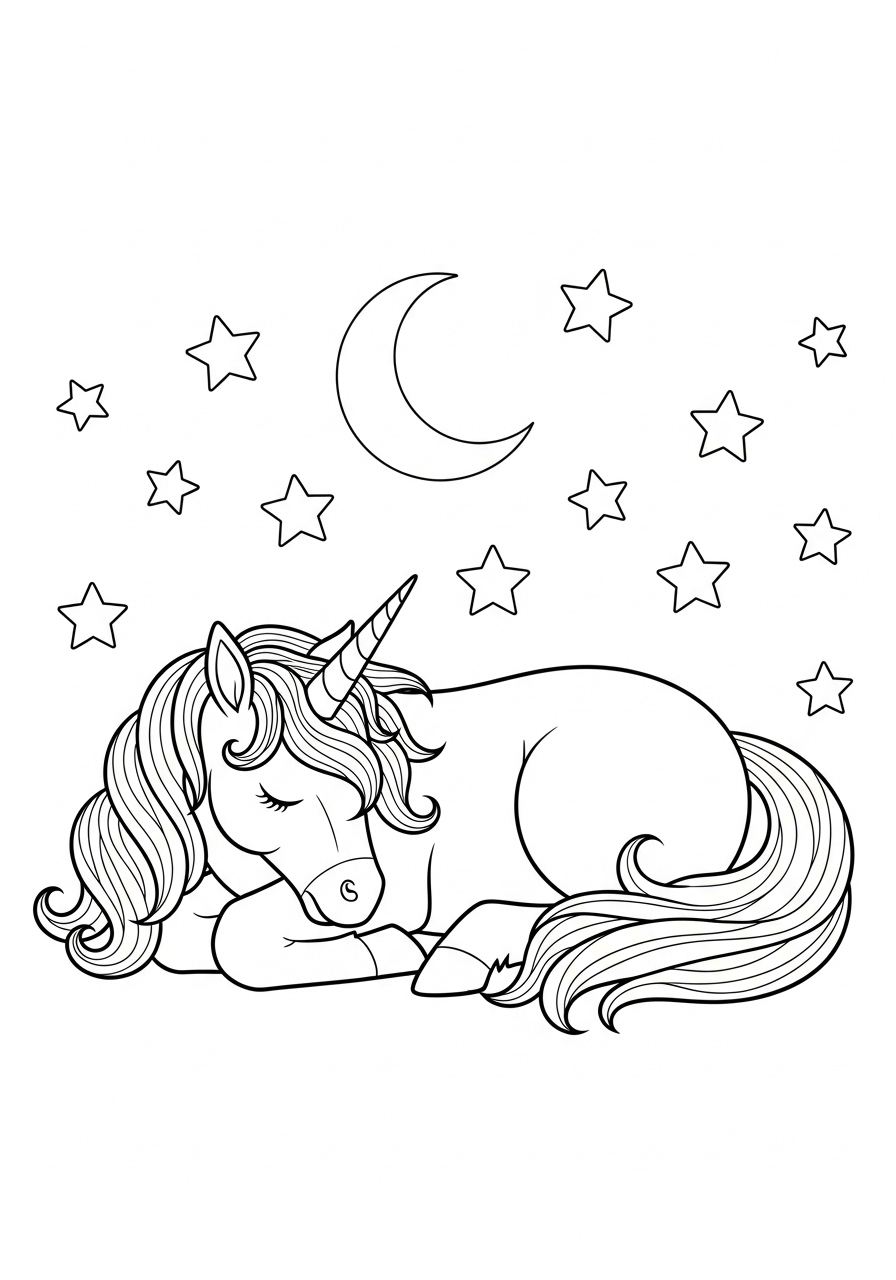 slapende Unicorn onder de sterren kleurplaat