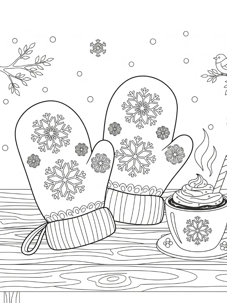 Kleurplaat Wanten 9 sneeuwvlok wanten met warme choco kleurplaat