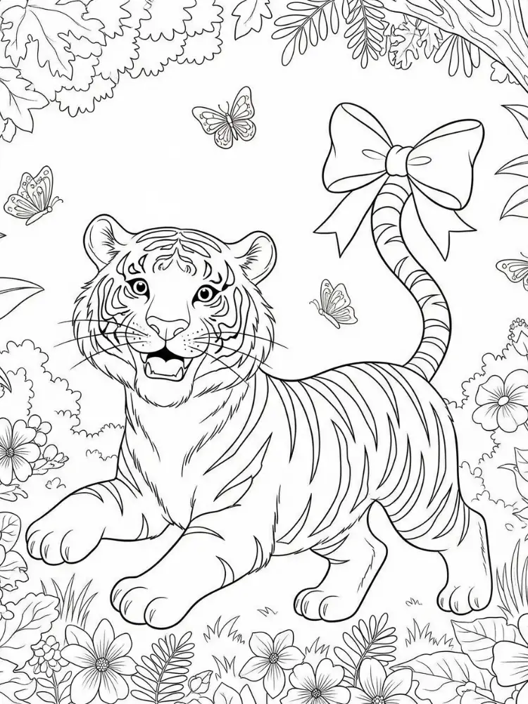 Kleurplaat Tijger 8 speelse tijger met strikstaart kleurplaat