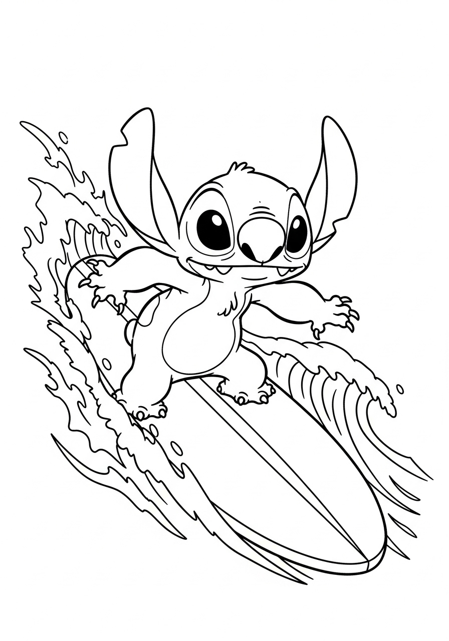 stitch op zijn surfplank kleurplaat