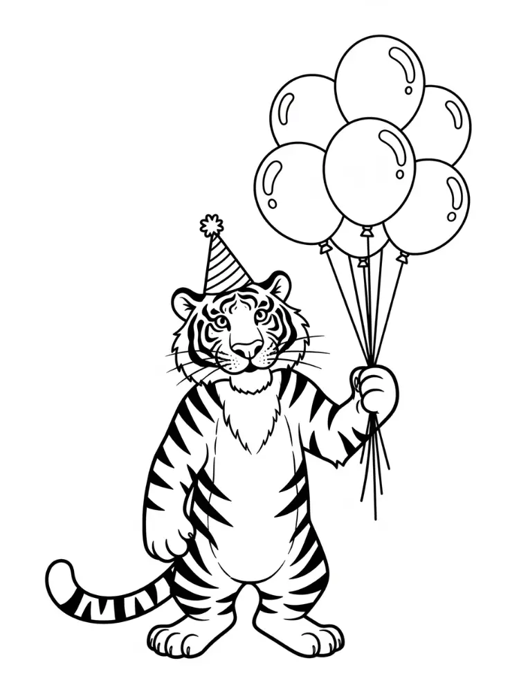 Kleurplaat Tijger 9 verjaardagstijger met ballonnen kleurplaat