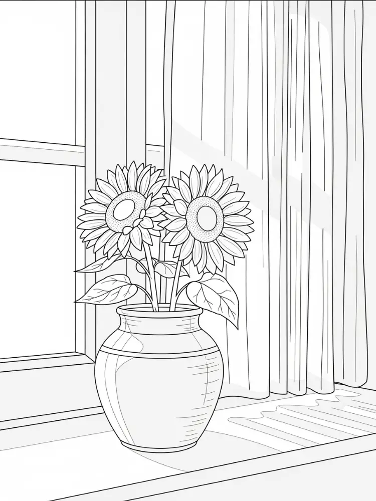 Kleurplaat Zonnebloem 9 zonnebloemen in een vaas bij het raam kleurplaat