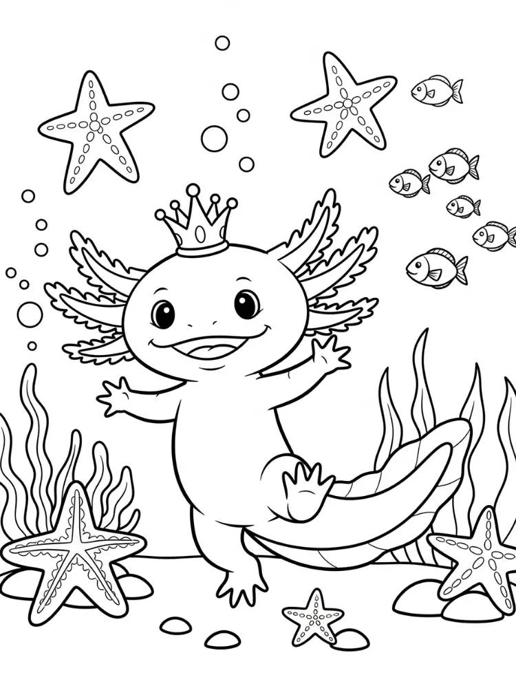 Axolotl kleurplaat 8 axolotl met kroon en zeesterren kleurplaat