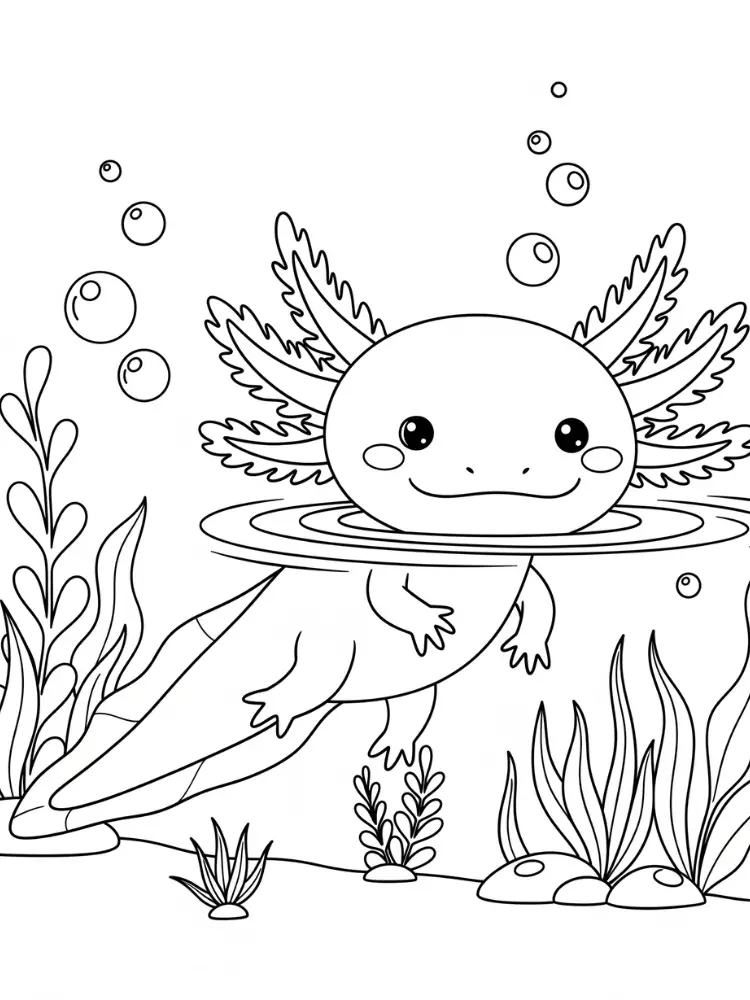 Axolotl kleurplaat 9 axolotl zwemmend in aquarium kleurplaat