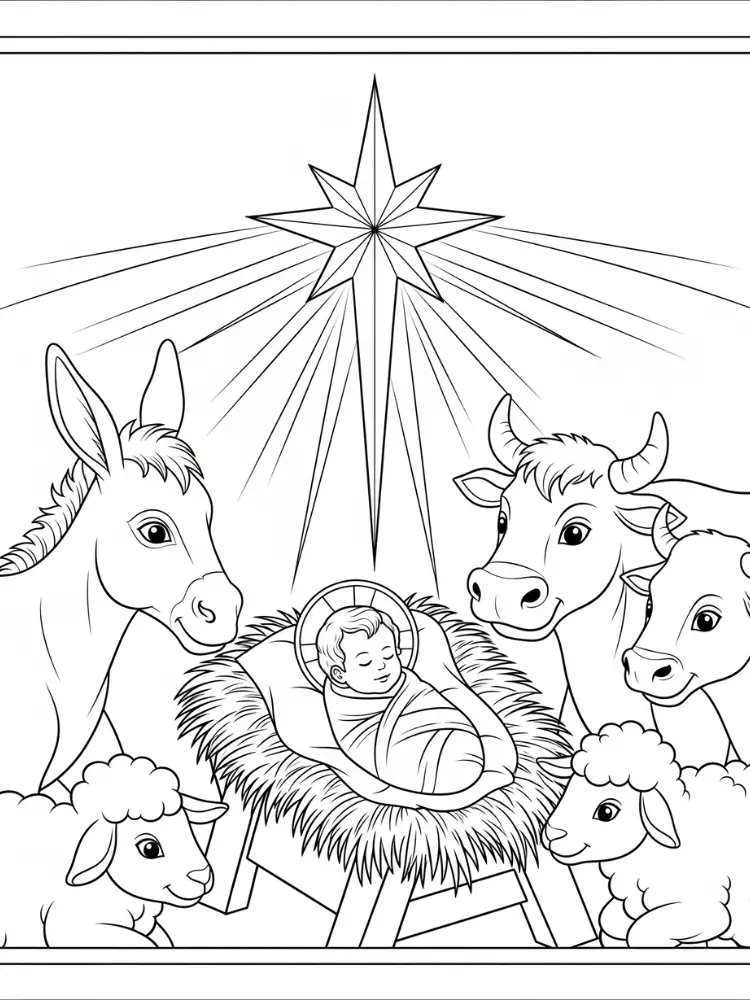 Kleurplaat Kerst Christelijk 10 baby jezus en de dierenstal Kleurplaat