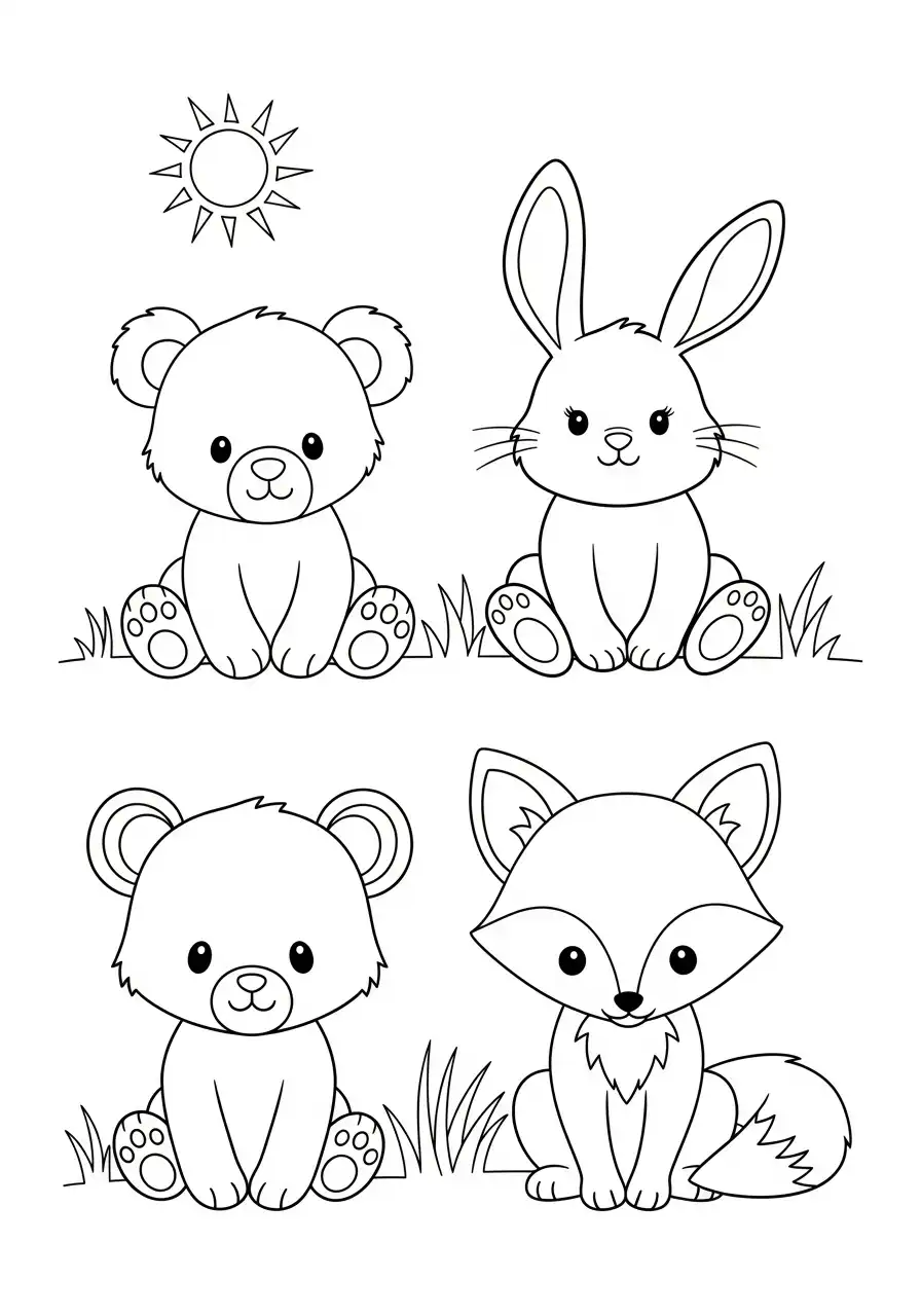 Kleurplaat schattige dieren 10 beer vos konijn bosdieren zitten kleurplaat