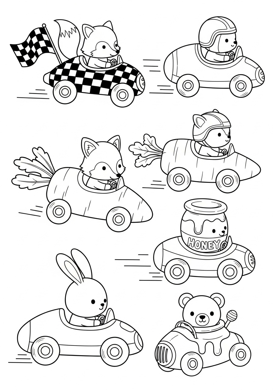 dieren in raceautos kleurplaat