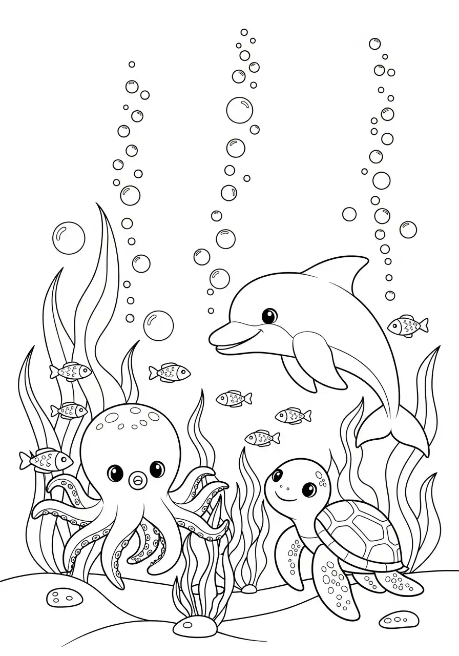 Kleurplaat schattige dieren 9 dolfijn octupus schildpad zeedieren kleurplaat