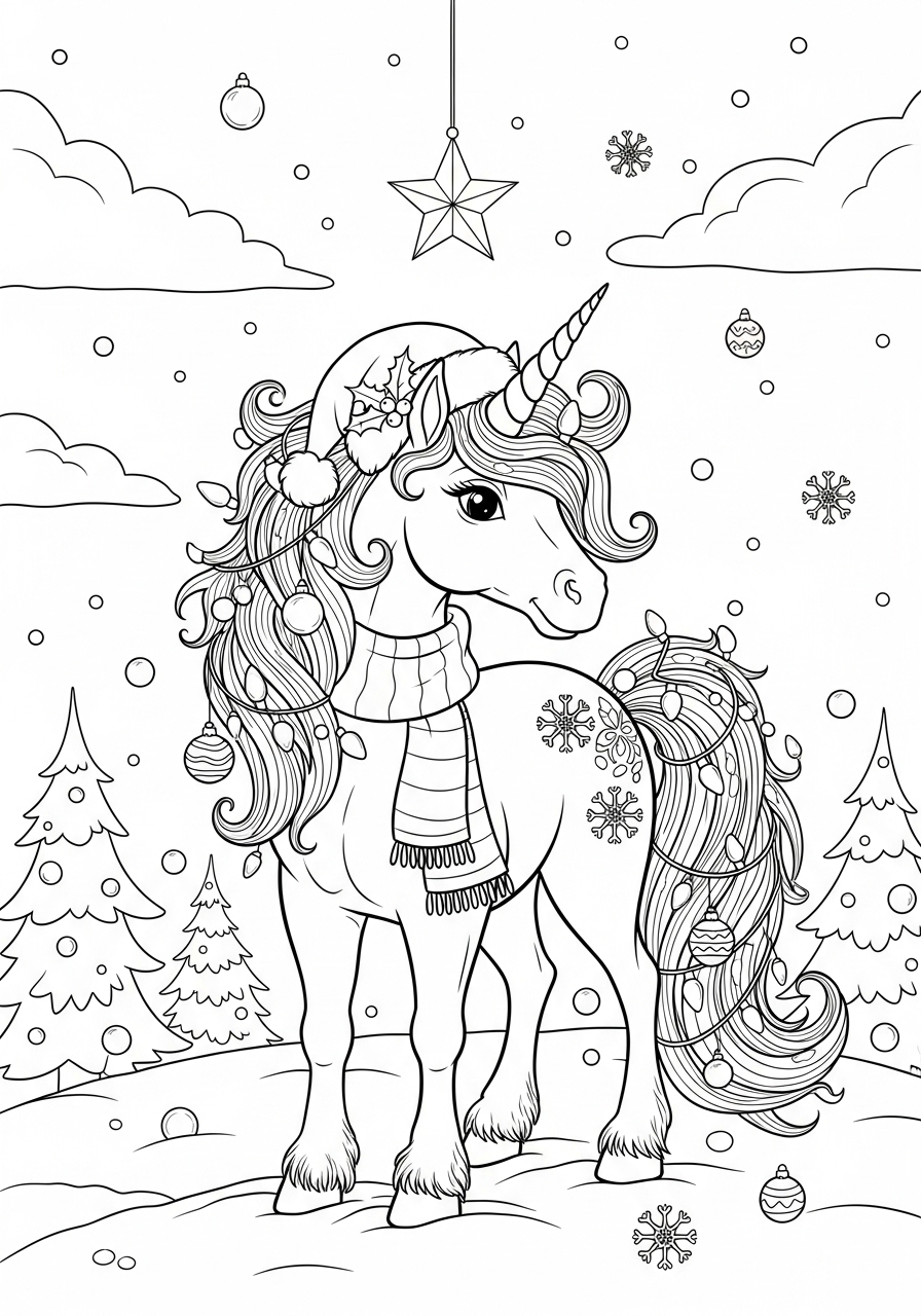 Kleurplaat Eenhoorn Kerstmis 9 eenhoorn onder de vallende sneeuw kleurplaat