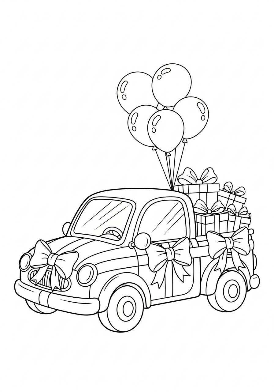 Verjaardag kleurplaat 8 feestauto vol cadeautjes kleurplaat