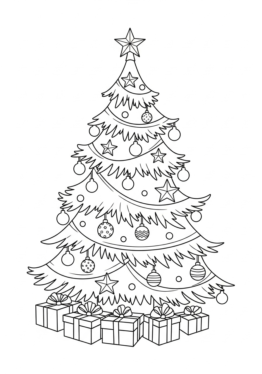 Kleurplaat Kerstboom 10 feestelijke kerstboom vol cadeautjes kleurplaat