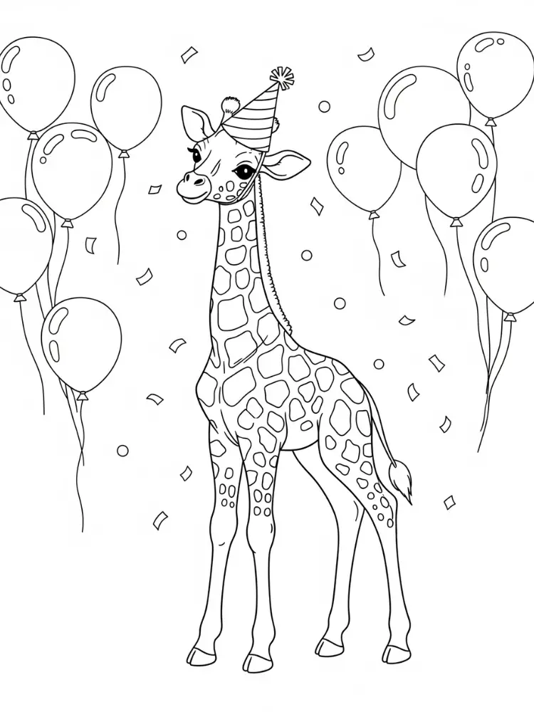 Kleurplaat Giraf 9 feestgiraffe met ballonnen kleurplaat