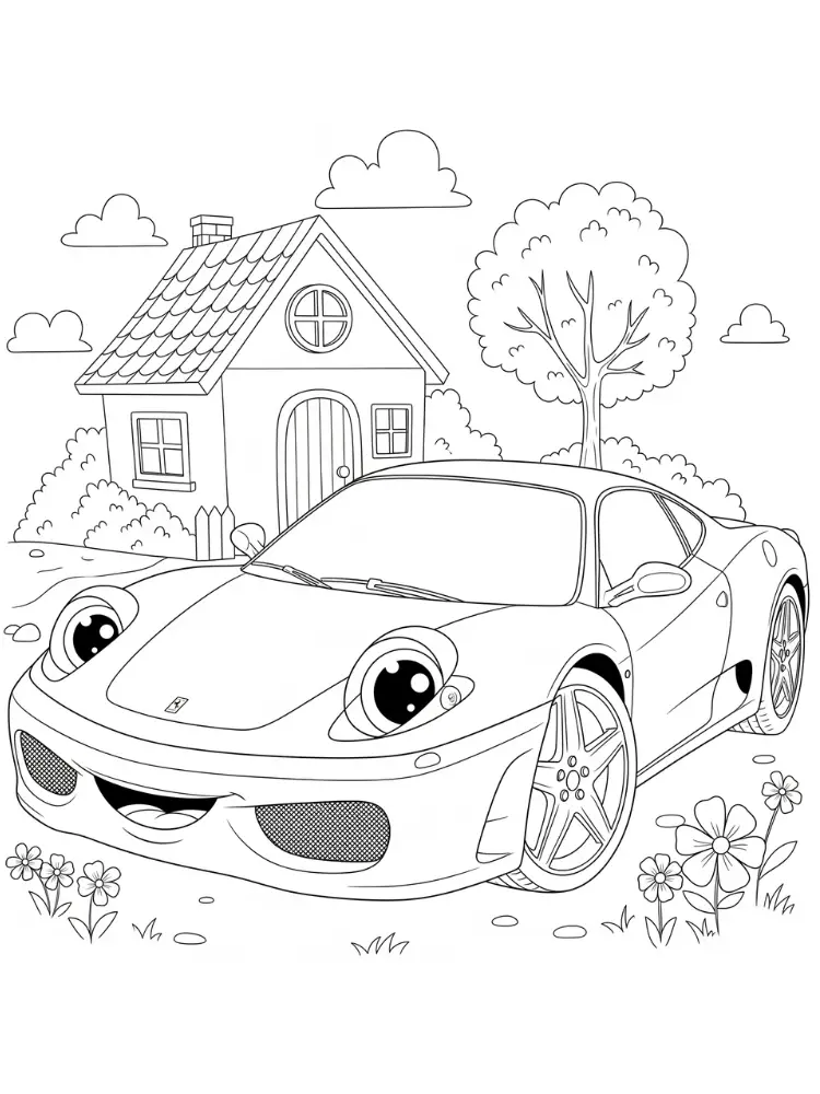 Kleurplaat Ferrari 8 ferrari met blije oogjes bij het huisje kleurplaat