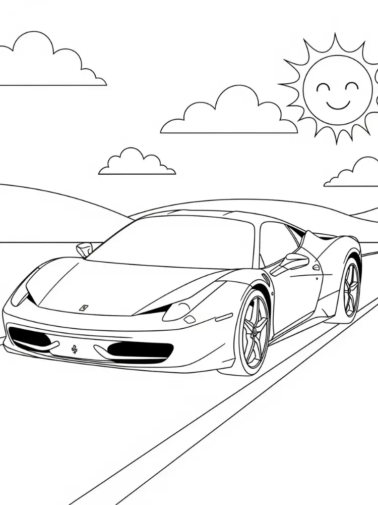 Kleurplaat Ferrari 9 ferrari rijdt onder de stralende zon kleurplaat
