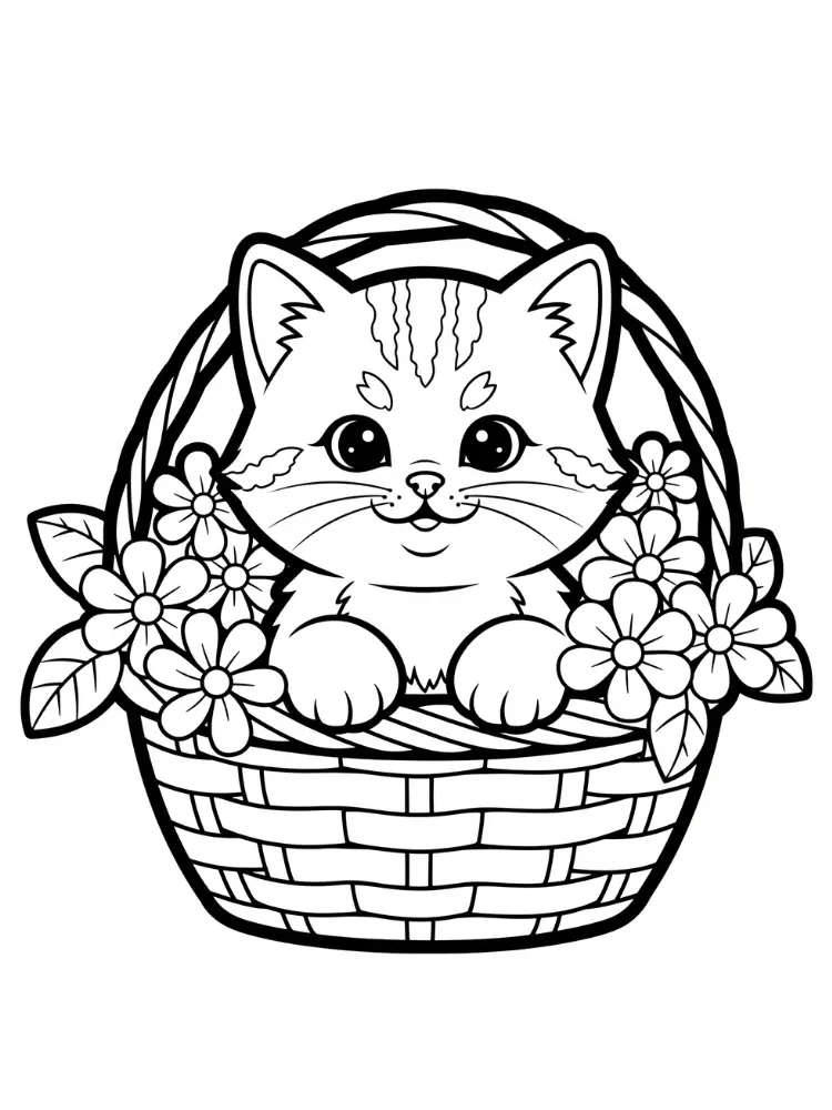 Kat kleurplaat 10 katje in een bloemenmand kleurplaat