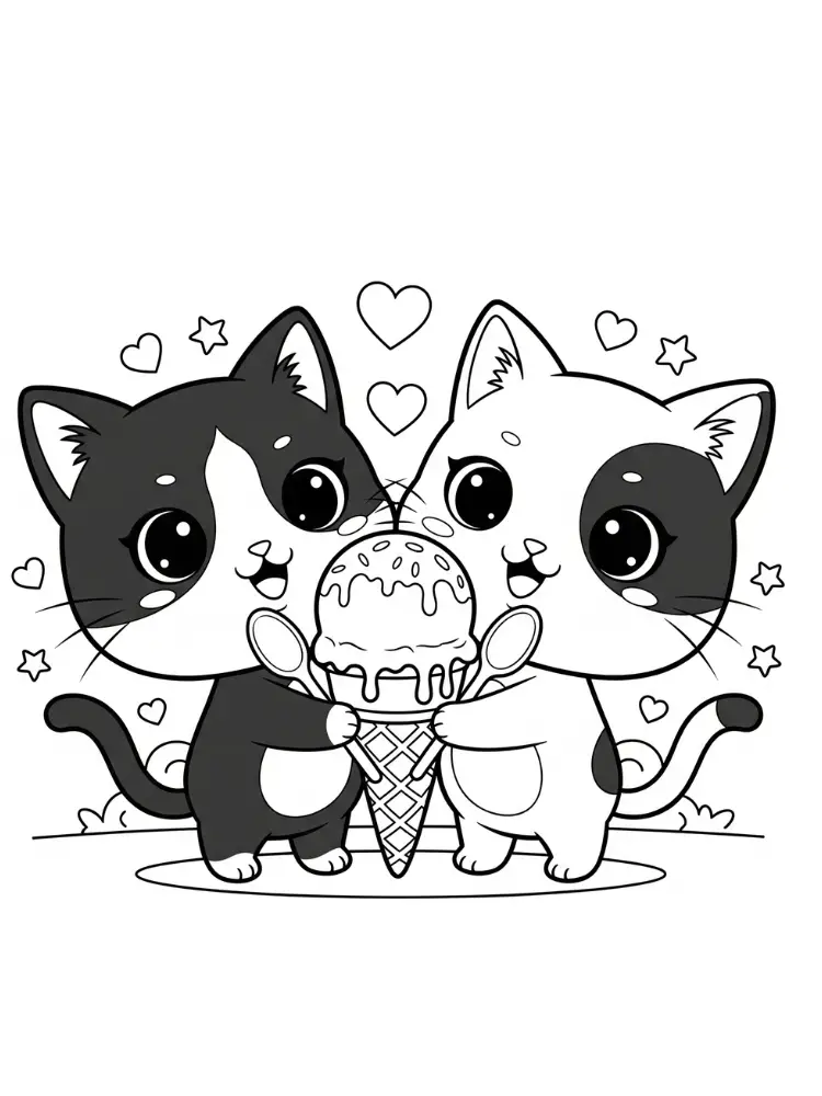 Kleurplaat Kawaii 8 katten delen ijs kleurplaat