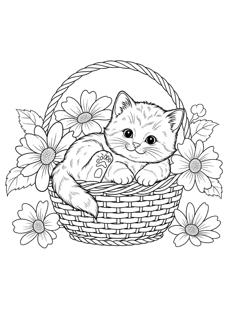 Kitten kleurplaat 9 kitten in een bloemenmand kleurplaat
