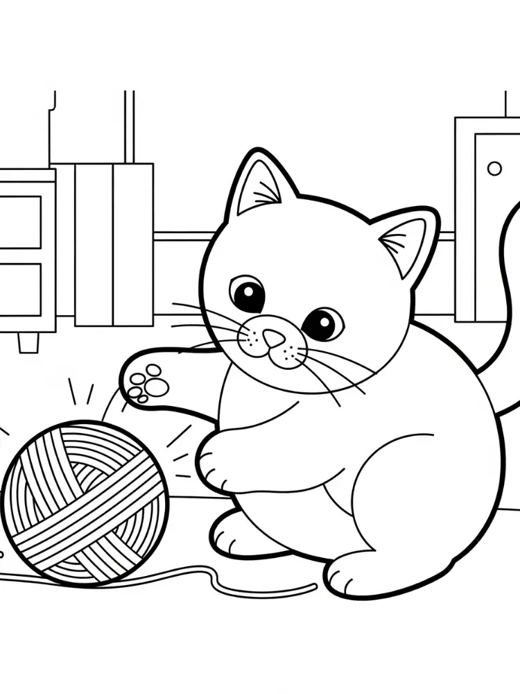 Kitten kleurplaat 8 kitten met bolletje wol kleurplaat