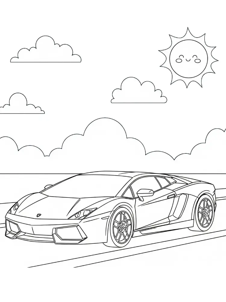 Lamborghini kleurplaat 9 lamborghini op de snelweg met zonnestraaltje kleurplaat