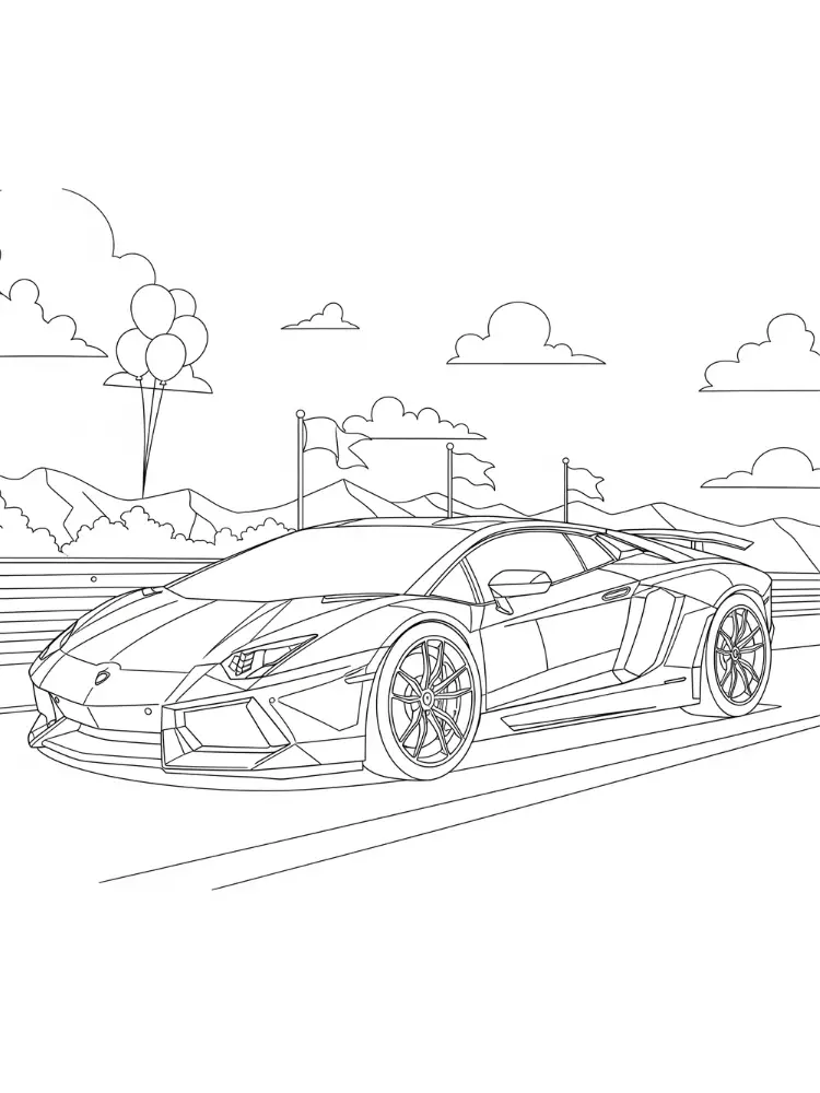 Lamborghini kleurplaat 10 lamborghini op het racecircuit met vlaggen kleurplaat
